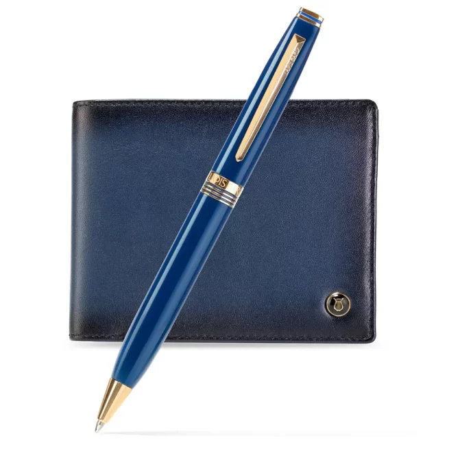 Gift Set Lapis Bard Contemporary Gold Trims Ballpoint Pen With Ducorium Wallet Blue With Gold Trim